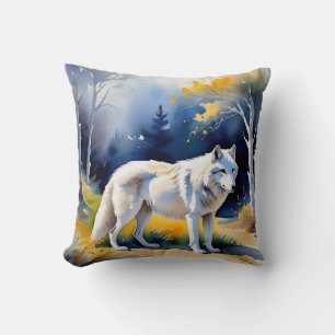 A wolf in a forest watercolor painting throw pillow