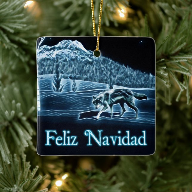 A Wolf On Snow - Feliz Navidad Ceramic Ornament (Tree)