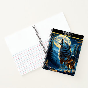 A wolf serenades the moon under a starlit sky notebook