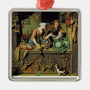 A Woman and a Fish Peddler, 1713 (oil on panel) Metal Ornament