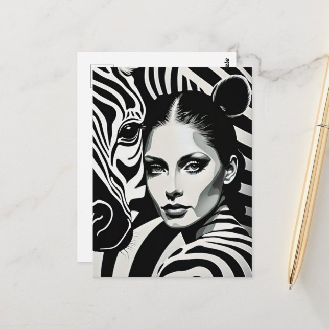 A woman and a zebra postcard (Front/Back In Situ)
