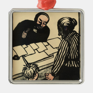 A woman and child hand over their savings metal ornament