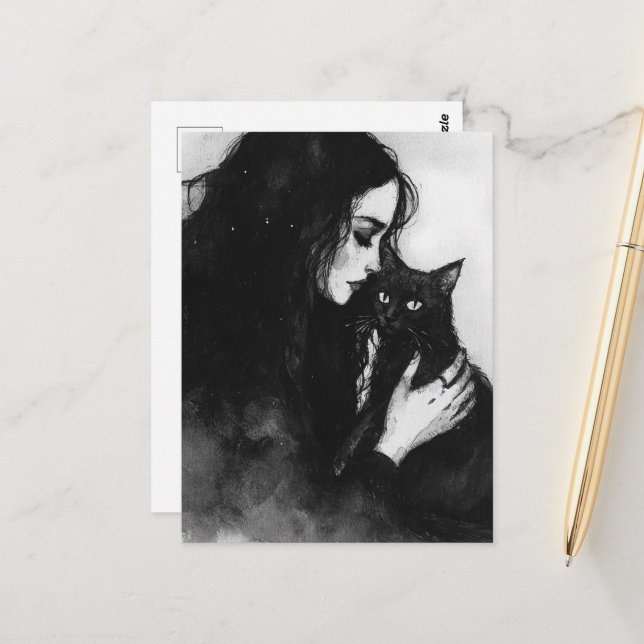 A Woman and Her Black Cat Postcard (Front/Back In Situ)