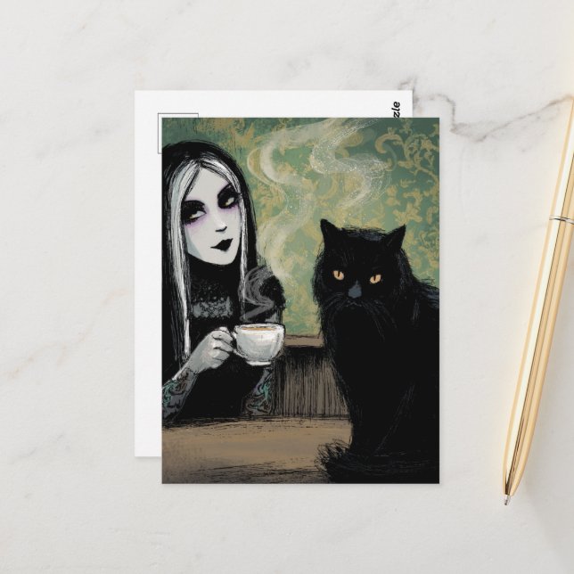 A Woman and Her Cat Morning Coffee Postcard (Front/Back In Situ)