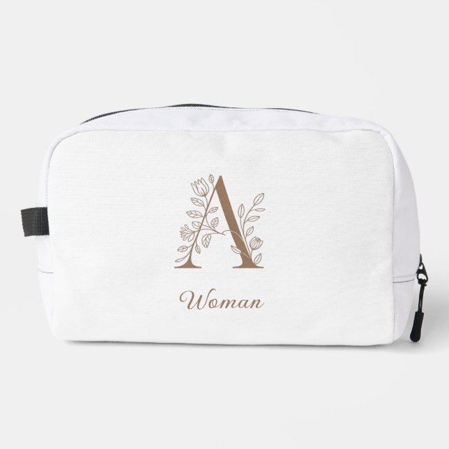 A Woman – Elegant Floral Monogram Gold Makeup Pouc Dopp Kit (Front)