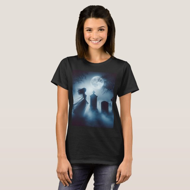 a woman ghost in a graveyard with a full moon T-Shirt (Front Full)