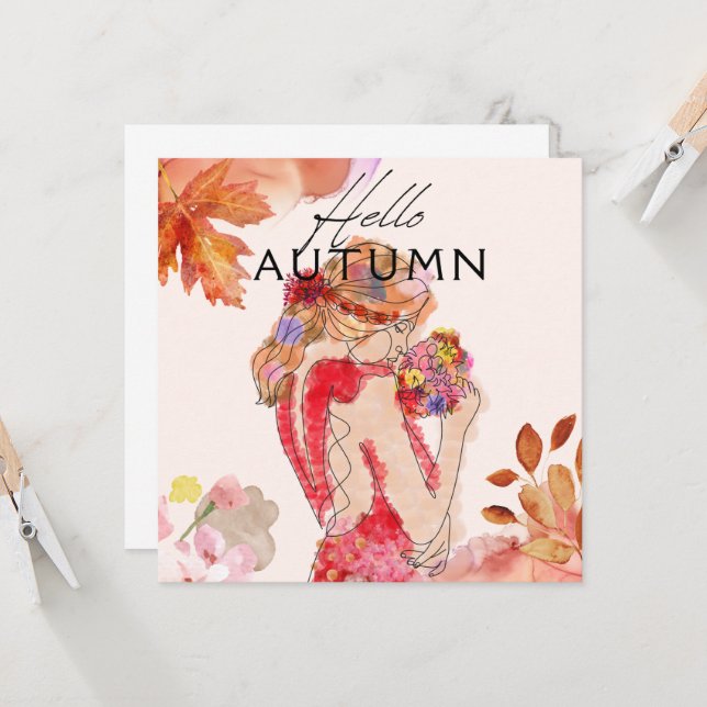 A woman holding a bouquet of fall colours invitation (Front/Back In Situ)