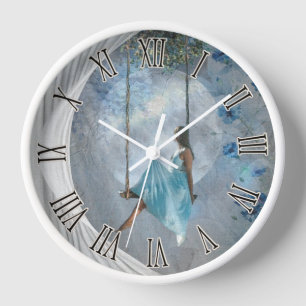 A woman in a blue dress on a swing clock