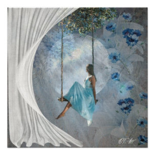 A woman in a blue dress on a swing poster