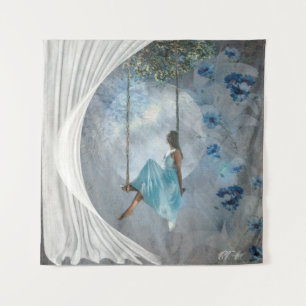 A woman in a blue dress on a swing tapestry