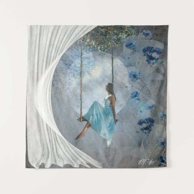 A woman in a blue dress on a swing tapestry (Front)