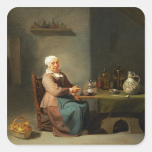 A Woman in a kitchen Square Sticker