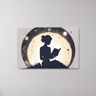 A woman in silhouette reading a book canvas print