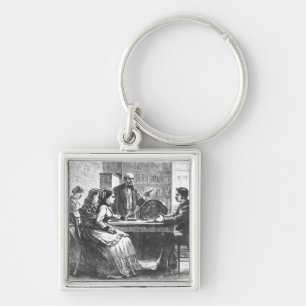 A woman negotiates with a factory manager, assiste keychain