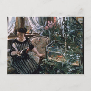 A Woman Reading near a Goldfish Tank Postcard