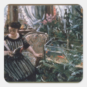 A Woman Reading near a Goldfish Tank Square Sticker