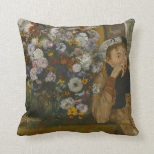A Woman Seated beside a Vase of Flowers Throw Pillow