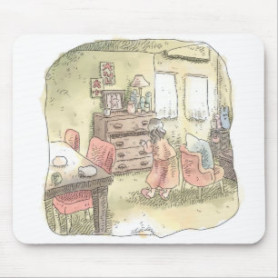 a woman standing in front of a tansu in a large ro mouse pad