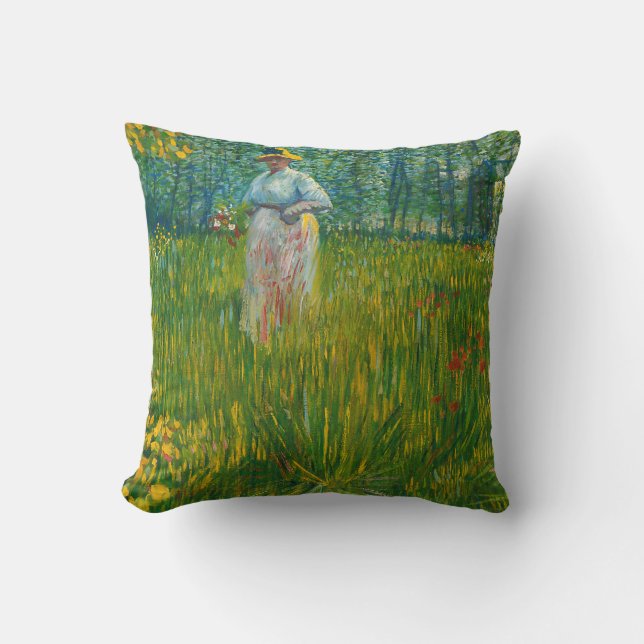 A Woman Walking in a Garden - Vincent van Gogh Throw Pillow (Front)