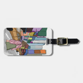 A woman walks down a bustling city street lined. luggage tag
