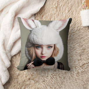 A woman wearing a rabbit hat and a black bow tie throw pillow