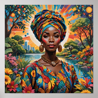 A Woman Wearing a Vibrant Turban and Floral Outfit Poster