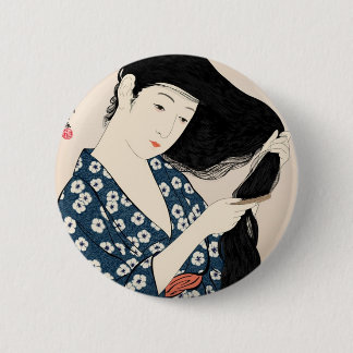 a woman who composes hair 2 inch round button