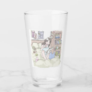 a woman who sits in a bed in a crabbed room and op glass
