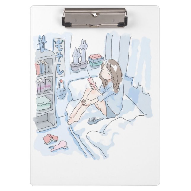 a woman who sits in a shabby blue bedroom and is d clipboard (Front)
