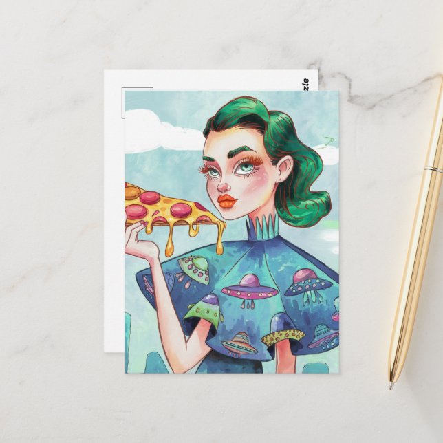 A Woman with a Slice of Pizza UFO shirt Postcard (Front/Back In Situ)