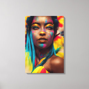 A woman with colourful makeup and feathers on her  canvas print
