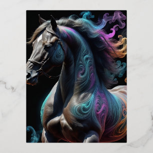 A woman with long, red hair is a striking figure.  foil holiday postcard