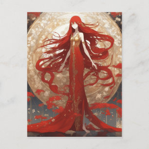 A woman with long, red hair is a striking figure.  holiday postcard