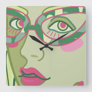 a woman's face in vintage glasses. square wall clock