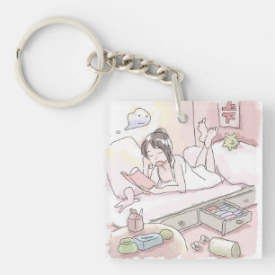 A woman's illustration of a pink bedroom lying dow keychain