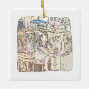 A woman's illustration sitting in a room with many ceramic ornament