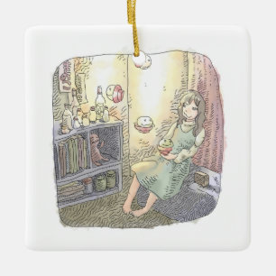 A woman's illustration sitting with a floating obj ceramic ornament