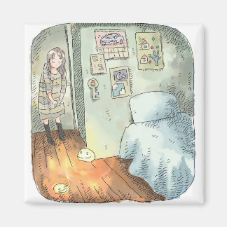 a woman's illustration standing in a corner in a r magnet