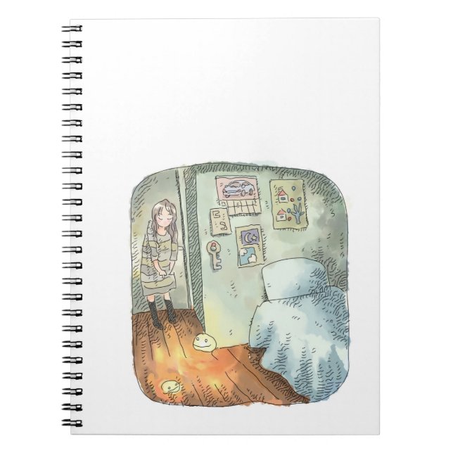 a woman's illustration standing in a corner in a r notebook (Front)