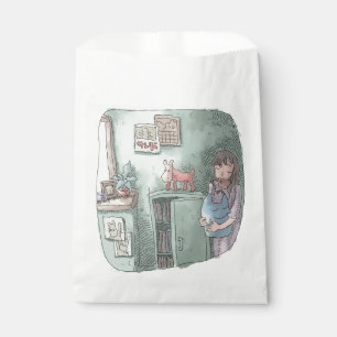 a woman's illustration that closes her eyes with a favour bag