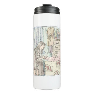 a woman's illustration that reaches for a rabbit i thermal tumbler