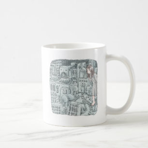 A woman's illustration with a lot of small machine coffee mug