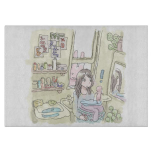 a woman's illustration with a rabbit peeping throu cutting board