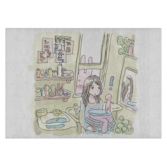 a woman's illustration with a rabbit peeping throu cutting board (Front)