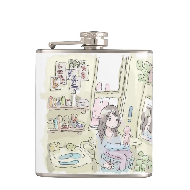 a woman's illustration with a rabbit peeping throu hip flask (Front)