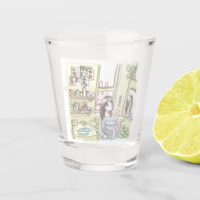 a woman's illustration with a rabbit peeping throu shot glass (Front)