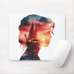 a woman's mask enveloping a sailboat at sunset mouse pad