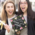 A Woman's Place | Custom Class Year Graduation Cap Topper<br><div class="desc">Cute feminist grad cap topper features the quote "a woman's place is in the House and the Senate" in white brush script lettering on a black background adorned with pink watercolor flowers and green foliage. Personalize with your class year and/or school.</div>