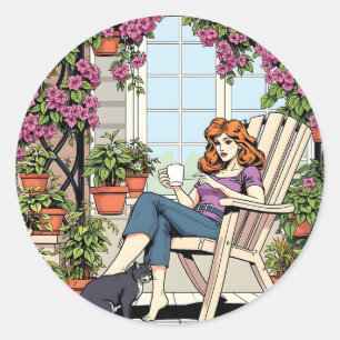 A Women with Coffee, Cat and  Plants Classic Round Sticker