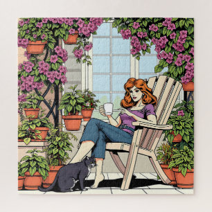 A Women with Coffee, Cat and  Plants Jigsaw Puzzle